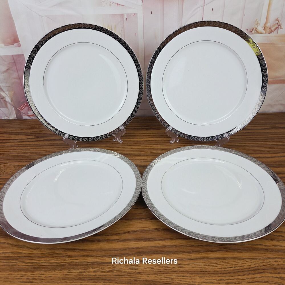 Princess China Fantasy 10.5" Dinner Plates Lot Of 4 1846 Silver Etched Leaves